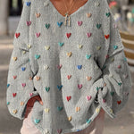 Valentine's Day Art Heart Print Knitted V-Neck Sweater