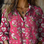 Women's Artistic Flower Pattern Cotton and Linen Short Sleeve Top