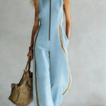 Women's solid color stand-collar sleeveless casual loose cotton and linen wide-leg jumpsuit