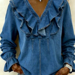 Women's ruffled collar denim shirt