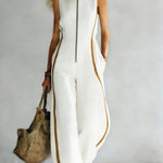Women's solid color stand-collar sleeveless casual loose cotton and linen wide-leg jumpsuit