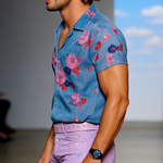 Men's Retro Casual Mesh Printed Floral Lapel Short Sleeve Shirt