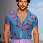 Men's Retro Casual Mesh Printed Floral Lapel Short Sleeve Shirt