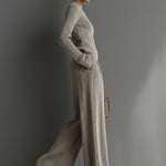 Women's Taupe Elegant Knit Textured Sweater & Wide - Leg Pants Set