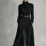Women's Black Elegant Wool - Blend Turtleneck Belted Maxi Coat