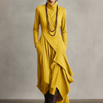 Women's Purple Bohemian Cotton Stretch Turtleneck Asymmetrical Draped Maxi Dress