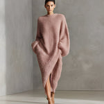 Women's Cream Elegant Faux Mink Knit Asymmetric Slit Midi Dress