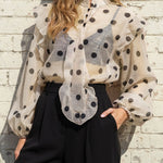 Long Sleeves Loose Buttoned Elasticity Polka-Dot Ruffle Trim See-Through V-Neck Blouses&Shirts Tops