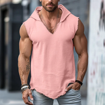 Men's Retro Casual Solid Color Linen Raw Edge Hooded Tank Top