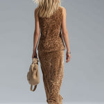 Leopard Print Crew Neck Sleeveless Vest And Split-hem Velvet Skirt Set